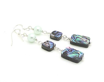 Abalone Dangle Earrings: Sterling Silver, Green Shell Pearls