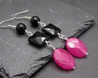 Pink and Black Long Gemstone Earrings, Real Stone Dangles, Agate Long Drops, Natural Stone Earrings, Sterling Silver, Semi Precious Stone