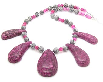 Pink Gemstone Statement Necklace, Jasper Large Stone Bib Necklace, Pink and Grey Chunky Necklace, Real Stone Jewellery, Bold Stone Jewellery