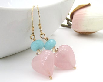 Rose Quartz Heart Earrings: 14k Gold Filled Dangles with Crystals