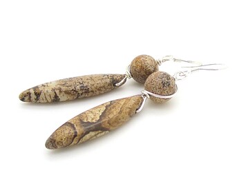 Earthy Tones Jasper Earrings, Neutral Gemstone Long Drops, Brown and Taupe Real Stone Dangles,