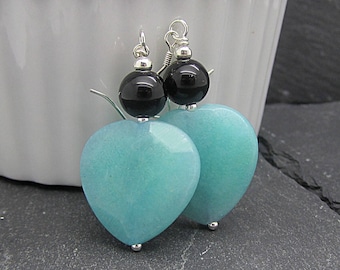 Gemstone Heart Drop Earrings, Real Stone Dangles, Valentines Day Gift, Quartz Heart Earrings,