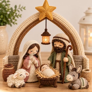 May include: A crochet nativity set featuring figures of Mary, Joseph, and a baby in a manger, accompanied by a sheep and a donkey. The scene is framed by a beige arch topped with a yellow star and a hanging lantern, all crafted in yarn.