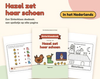 Pode incluir: Um livro de atividades Sinterklaas intitulado Hazel zet haar schoen, com uma galinha castanha, uma bota verde com cenouras e uma ilustração de Sinterklaas. O conjunto inclui vinte e cinco páginas PDF A4 com jogos, desenhos para colorir e tarefas de correspondência para crianças de dois a quatro anos.