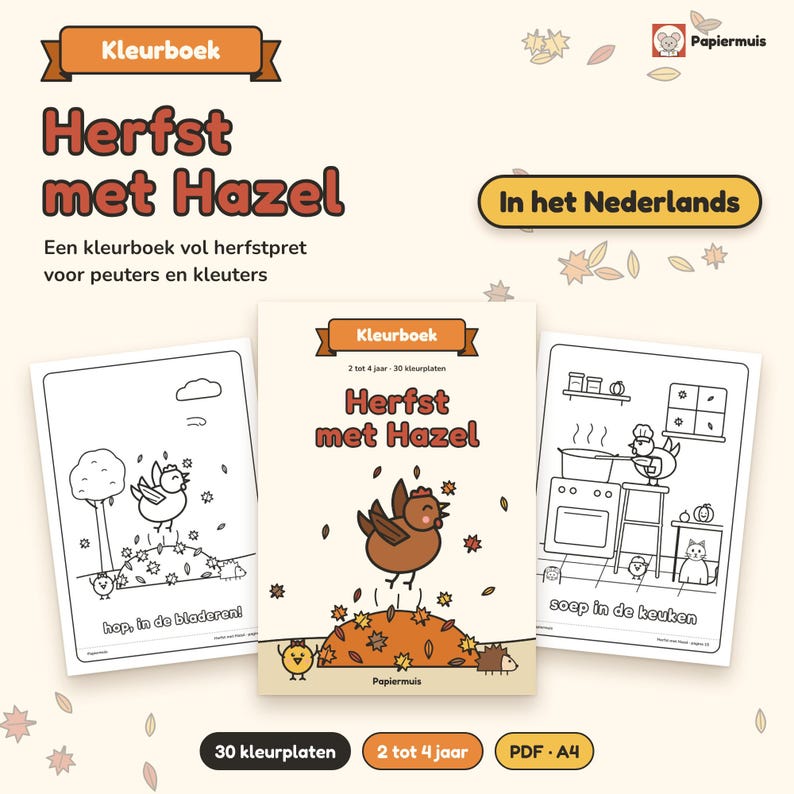 K&ouml;nnte beinhalten: Ein Malbuch mit dem Titel Herfst met Hazel, das ein braunes Huhn zeigt, das in Herbstbl&auml;tter springt. Das Cover zeigt ein Huhn, einen kleinen Vogel und einen Igel. Zwei Innenseiten zeigen ein Huhn im Laub und in einer K&uuml;che.