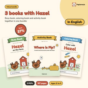 Op de afbeelding: Een bundel van drie digitale boeken getiteld 3 books with Hazel, bestaande uit een Busy Book, Activity Book en Coloring Book. De covers bevatten illustraties van boerderijdieren, met vermelding van 107 pagina's en geschikt voor kinderen van 2 tot 4 jaar.