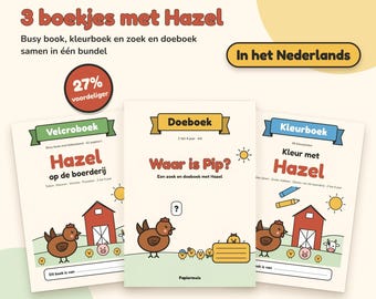 Pode incluir: Um pacote de três livros de atividades intitulado 3 boekjes met Hazel, incluindo um livro de velcro, um livro de atividades chamado Waar is Pip? e um livro de colorir chamado Kleur met Hazel. As capas exibem animais de fazenda.