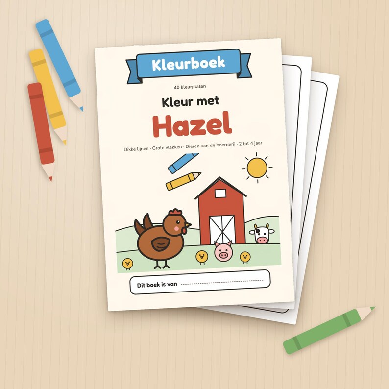 Libro para colorear para niños pequeños, imprimible, 40 páginas para colorear de animales de granja, líneas gruesas, holandés, de 2 a 4 años, Kleur met Hazel, descarga en PDF A4 imagen 1