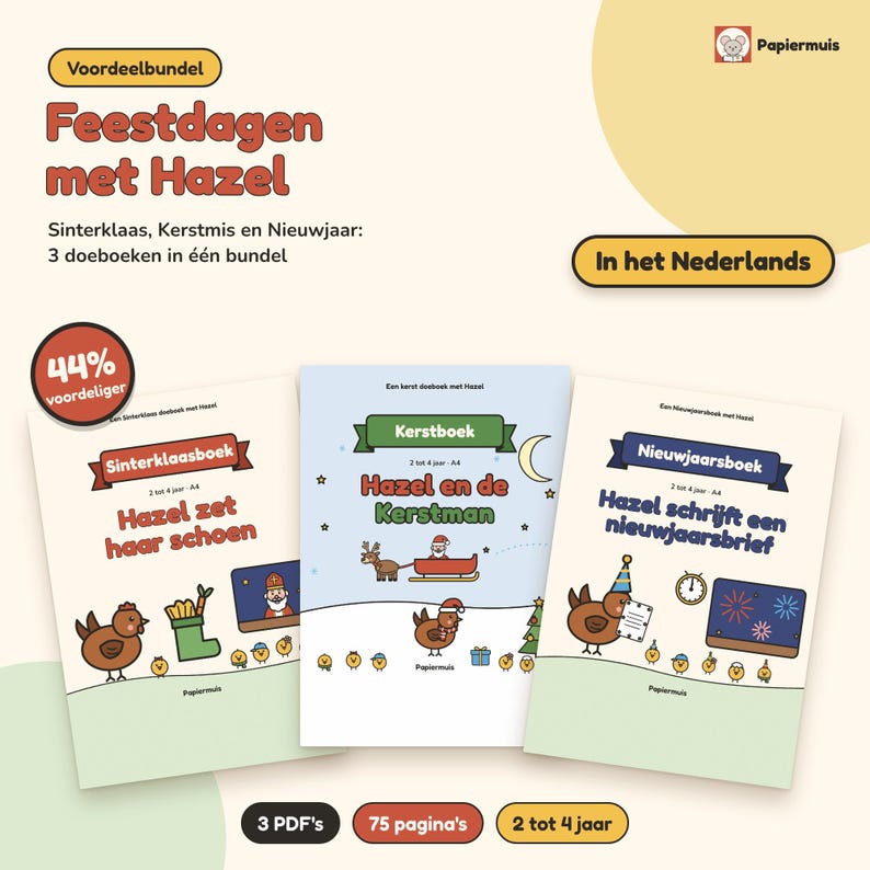 Feestdagen bundel peuter printable, 3 doeboeken Sinterklaas, Kerstmis en Nieuwjaar, kleurplaten, Nederlands, 2 tot 4 jaar, PDF A4 image 1