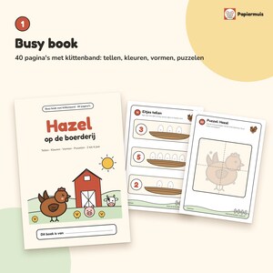 May include: A busy book titled Hazel op de boerderij featuring 40 pages with hook-and-loop fasteners for counting, colours, shapes, and puzzles. The cover shows a red barn, a brown chicken, a pig, and a cow. Two interior pages show egg counting and a chicken puzzle.