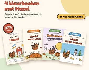 Könnte beinhalten: Ein Bündel aus vier Malbüchern mit den Titeln Kleur met Hazel, Herfst met Hazel, Halloween met Hazel und Hazel in de sneeuw. Die Umschläge zeigen Zeichentrickillustrationen eines Huhns namens Hazel in Bauernhof-, Herbst-, Halloween- und Winterumgebungen.