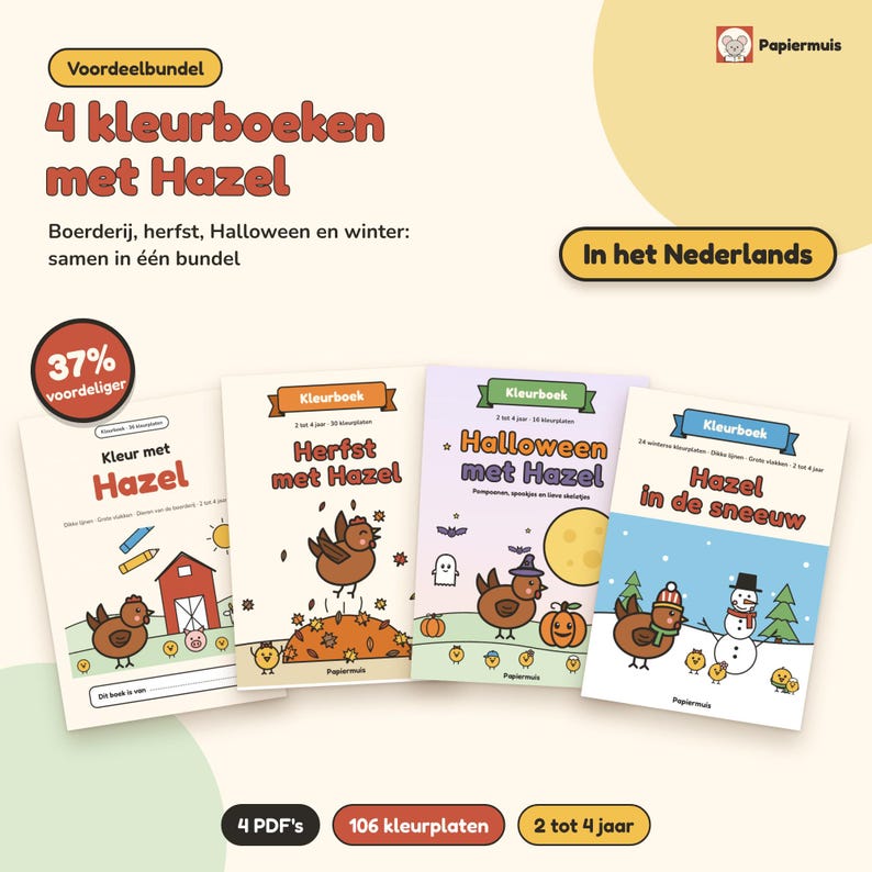 Pacote de livros de colorir para crianças pequenas para imprimir, 4 livros de colorir, 106 páginas para colorir com temas de fazenda, outono, Halloween e inverno, estilo holandês, para crianças de 2 a 4 anos, PDF A4 imagem 1