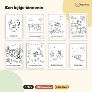 Pode incluir: Uma cole&ccedil;&atilde;o de oito p&aacute;ginas para colorir em preto e branco apresentando uma personagem de galinha chamada Hazel em v&aacute;rias cenas, incluindo um jardim, cozinha, campo de ab&oacute;boras e paisagem nevada com legendas em holand&ecirc;s.