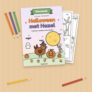 Pode incluir: Um livro de colorir intitulado Halloween met Hazel com uma capa roxa clara apresentando uma galinha castanha, uma lua amarela, ab&oacute;boras, um fantasma e um esqueleto. O livro inclui dezasseis p&aacute;ginas e cinco l&aacute;pis de cor.