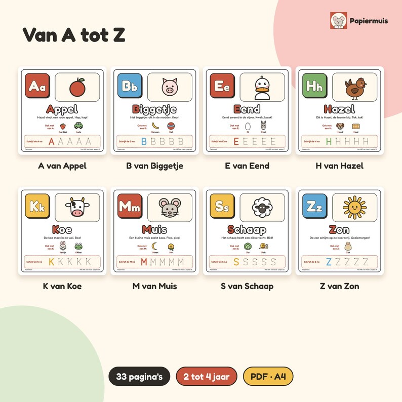 Libro ABC para niños pequeños, aprendizaje de letras, práctica del alfabeto, escritura de letras para preescolares, cuaderno de ejercicios, holandés, de 2 a 4 años, ABC de Hazel, PDF A4 imagen 3
