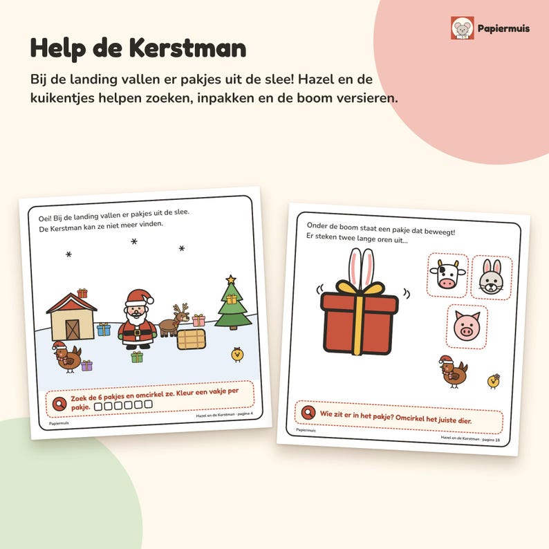 Julaktivitetsbok för småbarn, sök-och-hitta-bild, jullekar och målarbild, adventskalender, holländska, 2 till 4 år, Hassel och tomten, PDF A4 bild 5