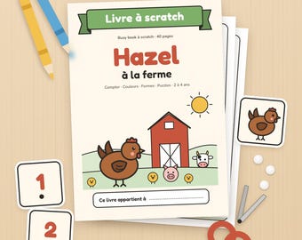 Libro ocupado à scratch imprimable, livre d'activités ferme en français, 40 páginas, libro tranquilo 2 a 4 años, Hazel la poule, PDF A4 à télécharger