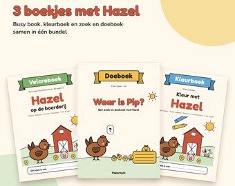 Bundle of 3 printable toddler booklets, velcro busy book, coloring book and search and do book, 105 pages farm, 2 to 4 years, PDF A4