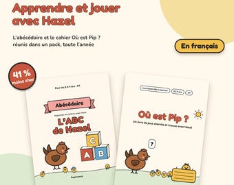 Pack abécédaire et cahier d'activités à imprimer, lettres, cherche et trouve, L'ABC de Hazel et Où est Pip, français, 2 à 4 ans, PDF A4