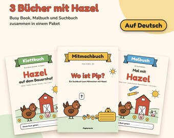 May include: A set of three books titled 3 Bücher mit Hazel, including a Klettbuch, a Mitmachbuch titled Wo ist Pip?, and a Malbuch titled Mal mit Hazel. The covers feature illustrations of a brown chicken, a red barn, and farm animals.