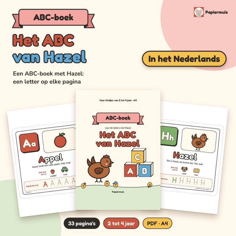 Libro ABC para niños pequeños, aprendizaje de letras, práctica del alfabeto, escritura de letras para preescolares, cuaderno de ejercicios, holandés, de 2 a 4 años, ABC de Hazel, PDF A4 imagen 1