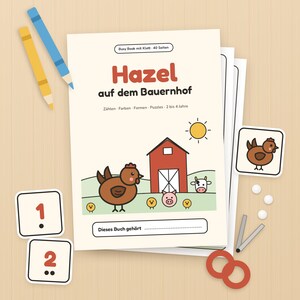 Busy Book Grandchild zum Ausdrucken, Klettbuch Bauernhof auf Deutsch, 40 Seiten, Quiet Book 2 bis 4 Jahre, Hazel das Huhn, PDF A4 Download