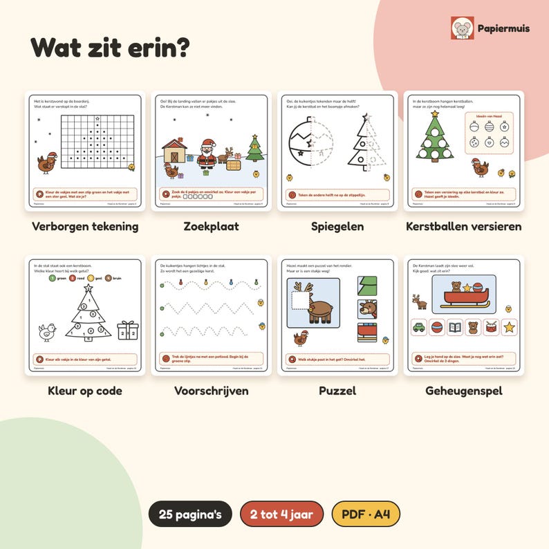 Julaktivitetsbok för småbarn, sök-och-hitta-bild, jullekar och målarbild, adventskalender, holländska, 2 till 4 år, Hassel och tomten, PDF A4 bild 3