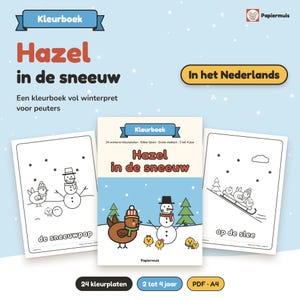 Puede incluir: Un libro para colorear titulado Hazel in de sneeuw con una portada azul claro que muestra una gallina marr&oacute;n, un mu&ntilde;eco de nieve y &aacute;rboles verdes. Dos p&aacute;ginas adicionales muestran un mu&ntilde;eco de nieve y pollitos en un trineo.