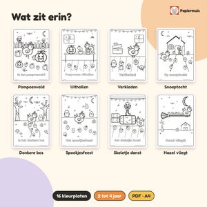 Pode incluir: Uma cole&ccedil;&atilde;o de oito p&aacute;ginas para colorir em preto e branco com galinhas e ab&oacute;boras com temas de Halloween. Cada p&aacute;gina inclui t&iacute;tulos em holand&ecirc;s como Pompoenveld, Uithollen, Verkleden, Snoeptocht, Donkere bos, Spookjesfeest, Skeletje danst e Hazel vliegt.