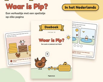 Pode incluir: Um livro de atividades digital intitulado Waar is Pip? com uma galinha castanha e pintainhos amarelos na capa. O livro inclui 25 páginas de histórias ilustradas e jogos para crianças dos 2 aos 4 anos, em formato A4 com texto em holandês.