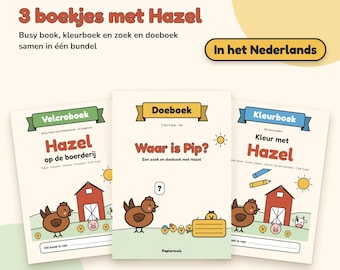May include: A bundle of three activity books featuring Hazel, including a Velcro book, a colouring book, and a search-and-do book. The covers display illustrations of farm animals like chickens, pigs, and cows, with text in Dutch throughout.