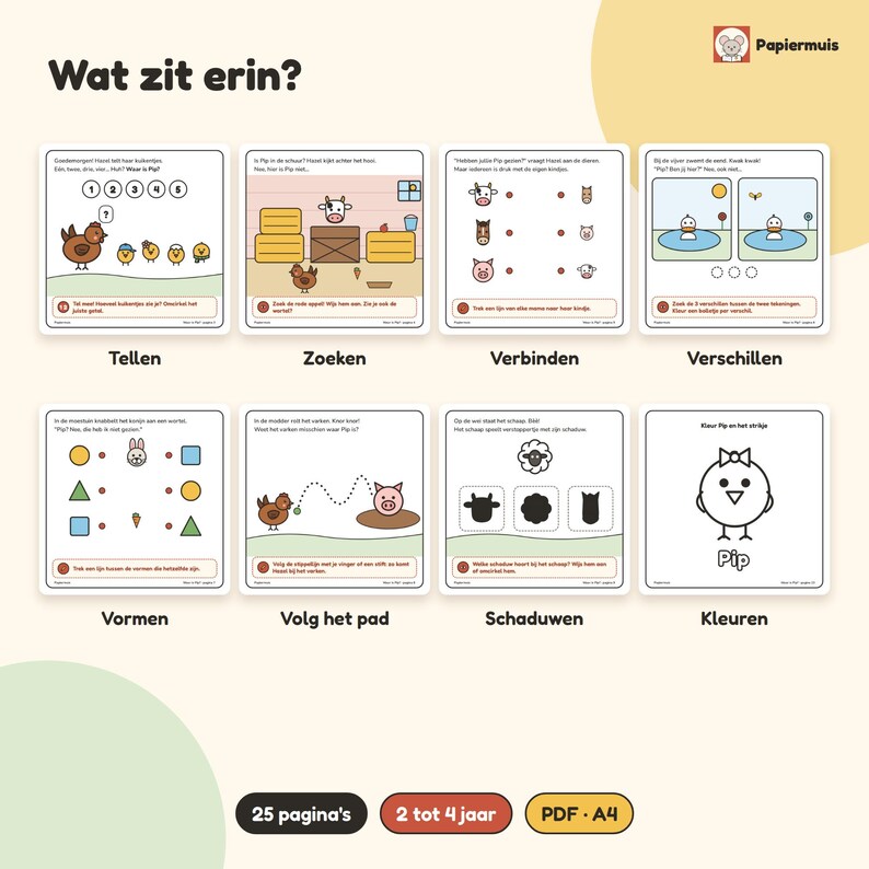 Toddler search and activity book printable, Where is Pip, 25 pages farm games, counting and searching, 2 to 4 years, Dutch, PDF A4 image 3