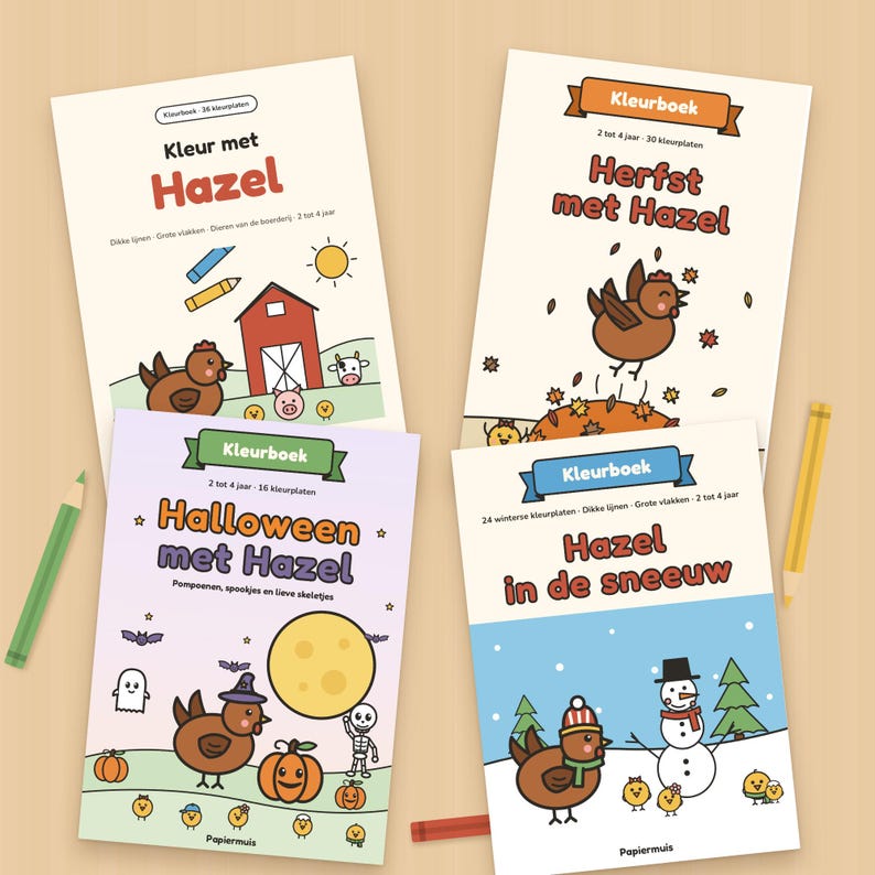 Pode incluir: Quatro livros de colorir para crian&ccedil;as intitulados Kleur met Hazel, Herfst met Hazel, Halloween met Hazel e Hazel in de sneeuw. As capas apresentam ilustra&ccedil;&otilde;es de uma galinha castanha, animais de quinta, ab&oacute;boras e um boneco de neve, acompanhadas por l&aacute;pis de cor.
