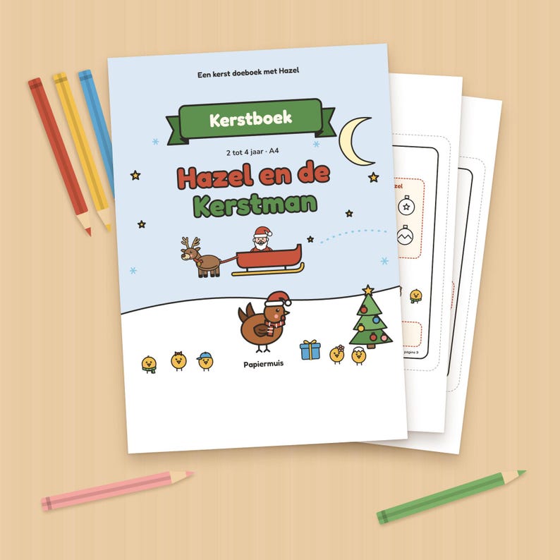 Julaktivitetsbok för småbarn, sök-och-hitta-bild, jullekar och målarbild, adventskalender, holländska, 2 till 4 år, Hassel och tomten, PDF A4 bild 2