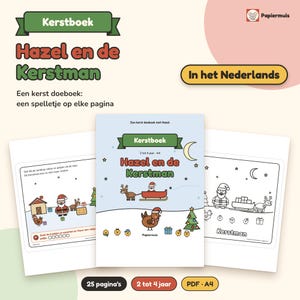 Julaktivitetsbok för småbarn, sök-och-hitta-bild, jullekar och målarbild, adventskalender, holländska, 2 till 4 år, Hassel och tomten, PDF A4 bild 1