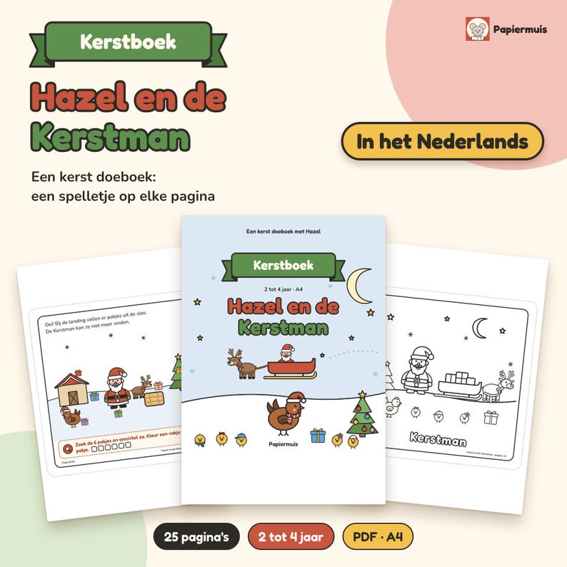 Julaktivitetsbok för småbarn, sök-och-hitta-bild, jullekar och målarbild, adventskalender, holländska, 2 till 4 år, Hassel och tomten, PDF A4 bild 1