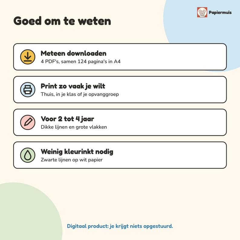 Pode incluir: Um gr&aacute;fico informativo intitulado Goed om te weten com quatro linhas de &iacute;cones e texto. Detalha um produto digital composto por 4 PDFs totalizando 124 p&aacute;ginas A4, imprim&iacute;vel em casa, para idades de 2 a 4 anos, com baixo consumo de tinta.