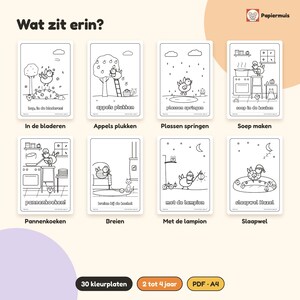 K&ouml;nnte beinhalten: Ein Set aus acht schwarz-wei&szlig;en Ausmalbildern, die eine Zeichentrickmaus bei verschiedenen Aktivit&auml;ten wie &Auml;pfel pfl&uuml;cken, in Pf&uuml;tzen springen, Suppe kochen, Pfannkuchen backen, stricken und schlafen zeigen, mit niederl&auml;ndischen Bildunterschriften.