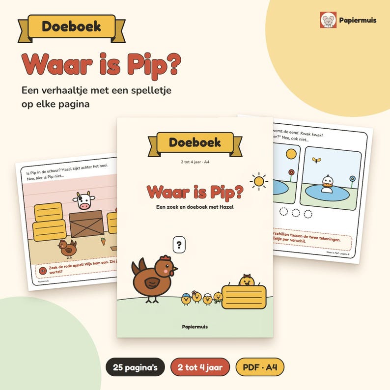 Toddler search and activity book printable, Where is Pip, 25 pages farm games, counting and searching, 2 to 4 years, Dutch, PDF A4 image 1