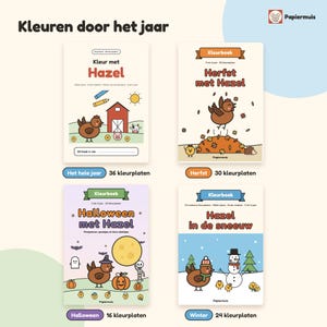 Pode incluir: Quatro livros de colorir intitulados Kleuren door het jaar, com ilustra&ccedil;&otilde;es de uma galinha chamada Hazel em v&aacute;rios cen&aacute;rios sazonais, incluindo uma quinta, folhas de outono, Halloween e uma paisagem de inverno.