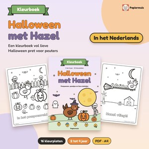 Pode incluir: Um livro de colorir de Halloween intitulado Halloween met Hazel com uma capa central mostrando um frango marrom, uma ab&oacute;bora e um esqueleto, ladeado por duas p&aacute;ginas em preto e branco com ab&oacute;boras, fantasmas e um frango.