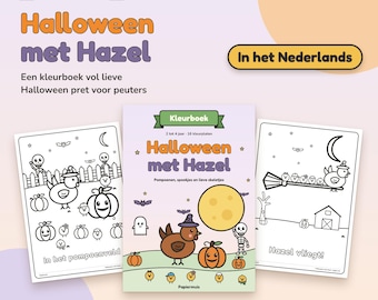 Pode incluir: Um livro de colorir de Halloween intitulado Halloween met Hazel com uma capa central mostrando um frango marrom, uma abóbora e um esqueleto, ladeado por duas páginas em preto e branco com abóboras, fantasmas e um frango.