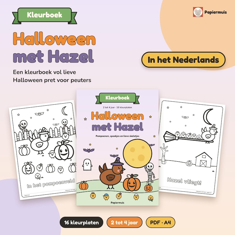 Pode incluir: Um livro de colorir de Halloween intitulado Halloween met Hazel com uma capa central mostrando um frango marrom, uma ab&oacute;bora e um esqueleto, ladeado por duas p&aacute;ginas em preto e branco com ab&oacute;boras, fantasmas e um frango.