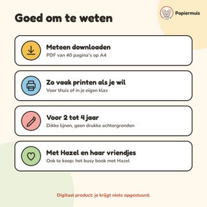 Puede incluir: Un gr&aacute;fico informativo titulado Goed om te weten con un logotipo de rat&oacute;n y cuatro cajas rectangulares horizontales con iconos. El texto incluye Meteen downloaden, PDF van 40 pagina's op A4, Zo vaak printen als je wil, Voor 2 tot 4 jaar y Met Hazel en haar vriendjes.