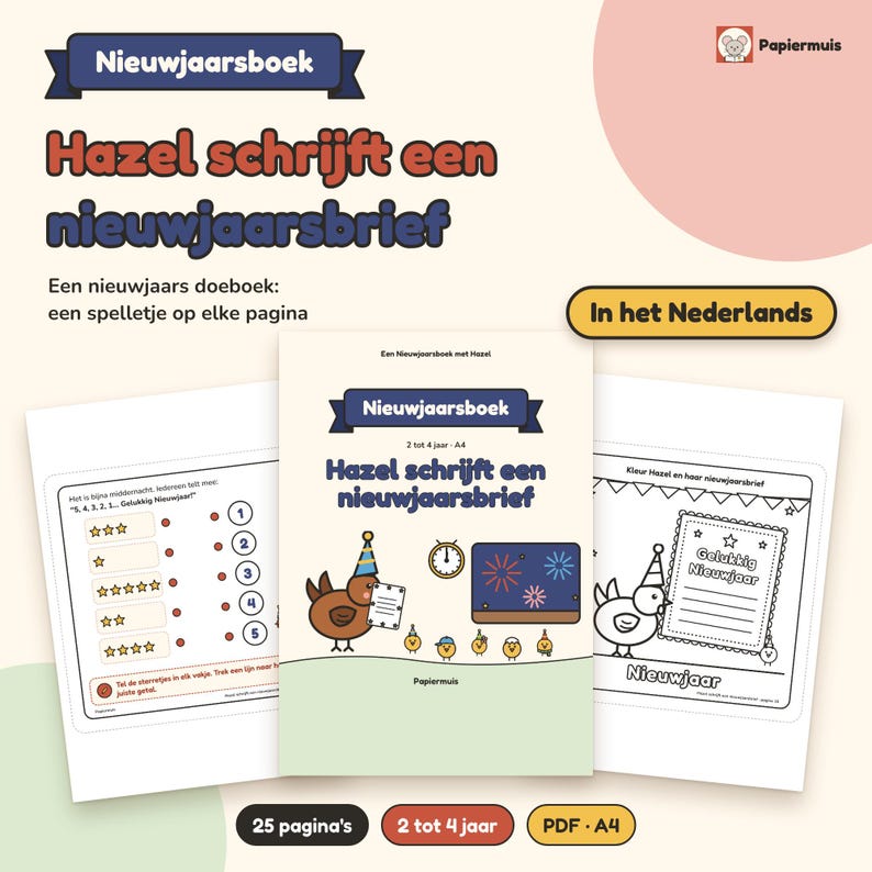 Nieuwjaar doeboek peuter, nieuwjaarsbrief, spelletjes, kleurplaat nieuwjaar, liedje, Nederlands, 2 tot 4 jaar, Hazel schrijft, PDF A4 image 1