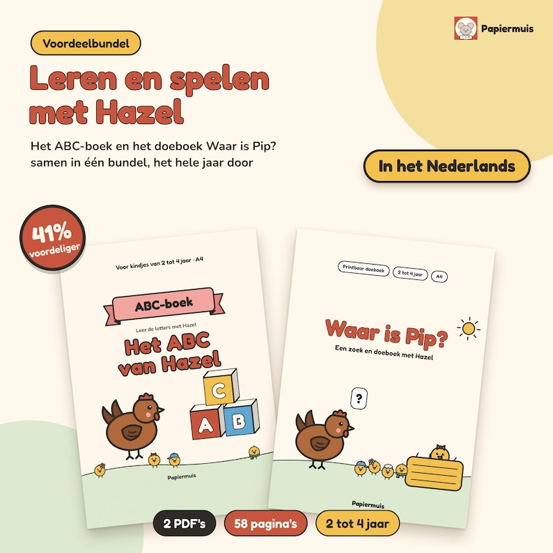 ABC boek en doeboek peuter bundel, letters leren, zoeken en tellen, Het ABC van Hazel en Waar is Pip, Nederlands, 2 tot 4 jaar, PDF A4 Bild 1