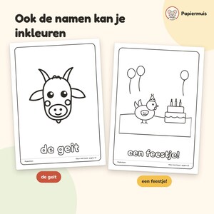 Puede incluir: Dos p&aacute;ginas para colorear blancas con contornos negros. La p&aacute;gina izquierda muestra una cabeza de cabra con el texto 'de geit'. La derecha muestra un pollo con gorro de fiesta junto a un pastel y globos con el texto 'een feestje!'. El texto superior dice 'Ook de namen kan je inkleuren'.