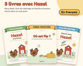 May include: A set of three activity books titled 3 livres avec Hazel, featuring a busy book, colouring book, and search-and-find book. The covers display cartoon farm animals like chickens and pigs, with text in French, designed for children aged 2 to 4.