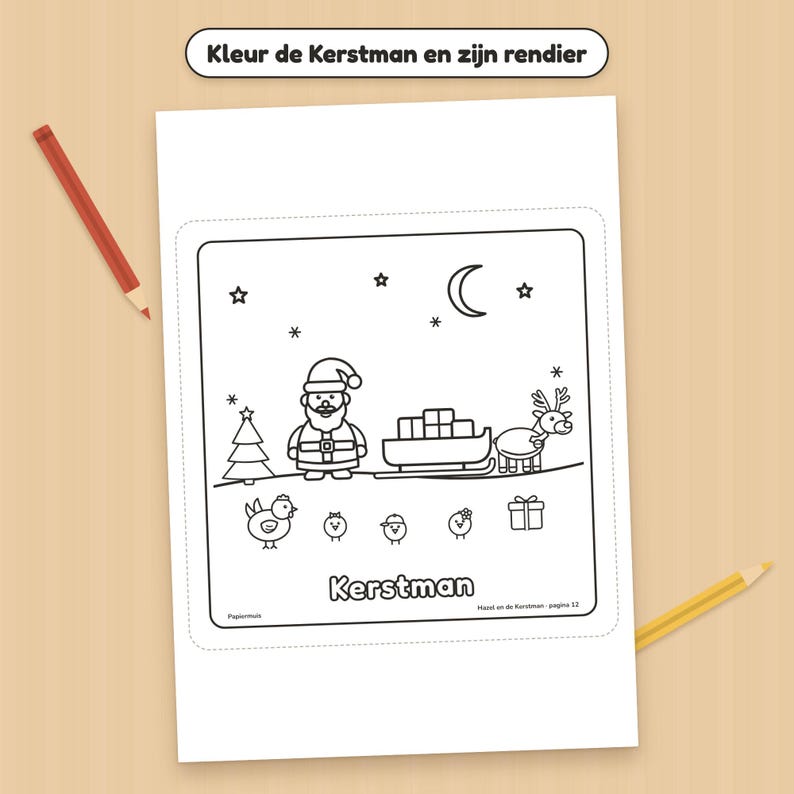 Julaktivitetsbok för småbarn, sök-och-hitta-bild, jullekar och målarbild, adventskalender, holländska, 2 till 4 år, Hassel och tomten, PDF A4 bild 6