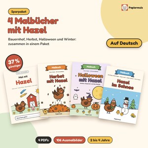 May include: A set of four digital coloring books titled Mal mit Hazel, Herbst mit Hazel, Halloween mit Hazel, and Hazel im Schnee. The covers feature a brown chicken character in farm, autumn, Halloween, and winter settings with 106 total coloring pages.